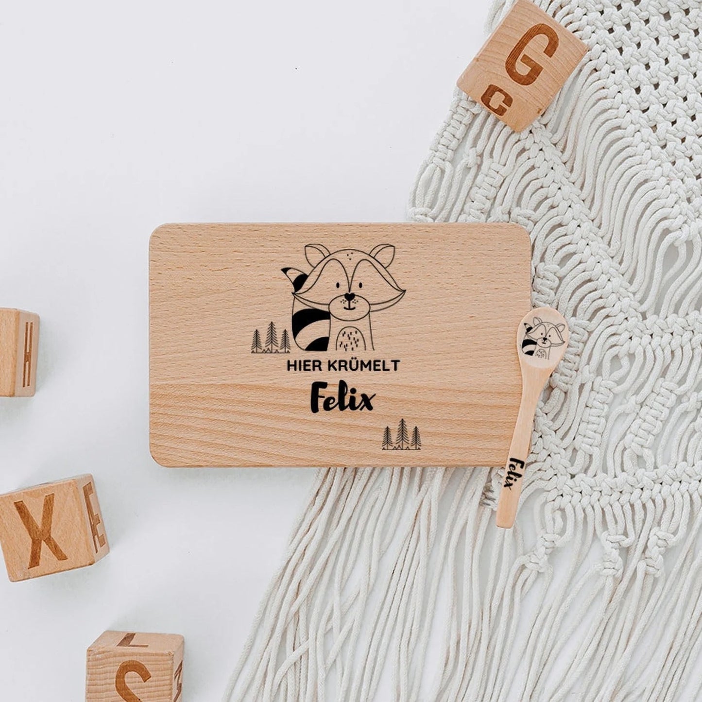 Personalisiertes Kinder Frühstücksbrett mit Besteck aus Holz